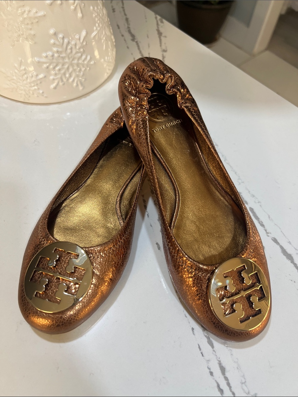 Tory Burch Reva Bronze Metallic Logo Ballet Flats Crackle Leather size 8.5